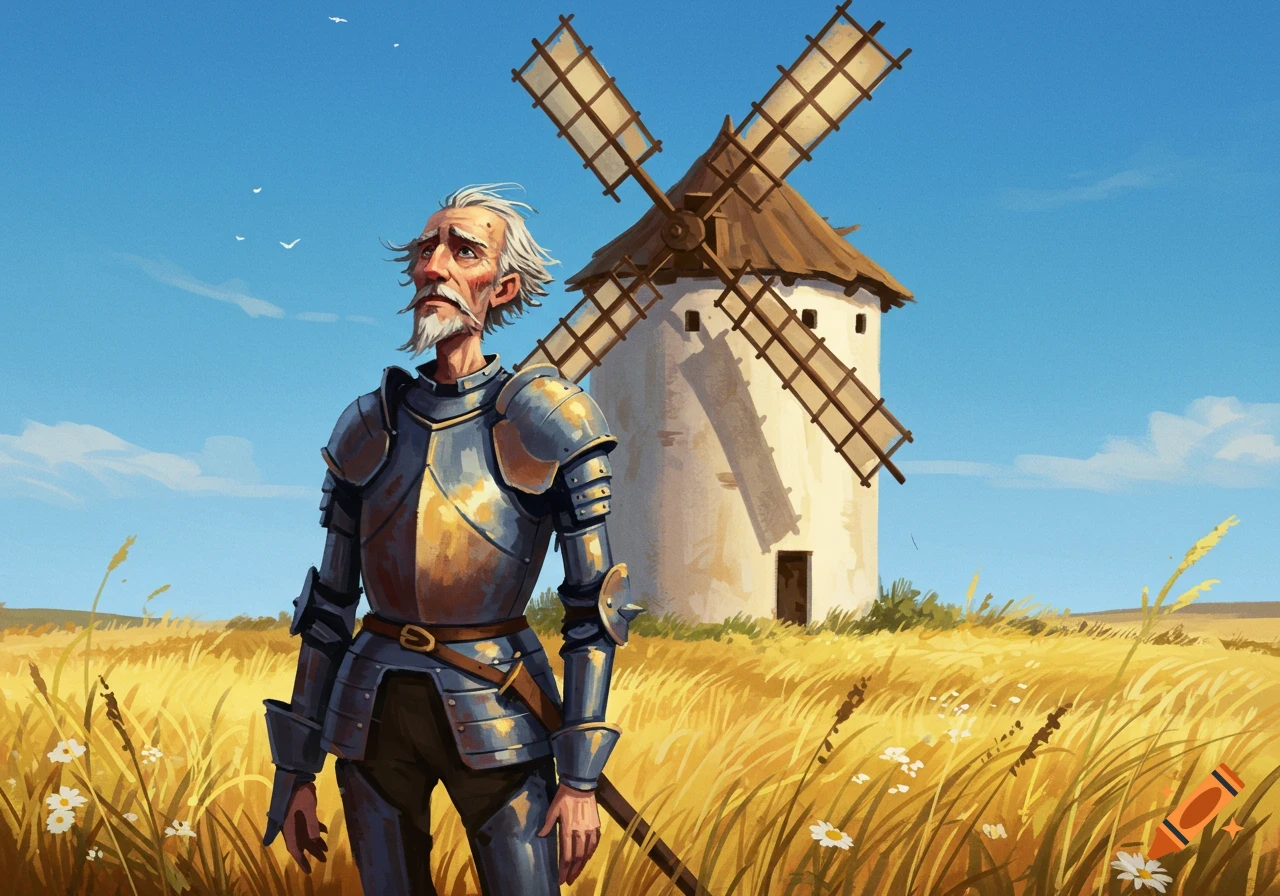 Illustration of Don Quijote in armor in a field with a large windmill under a blue sky.