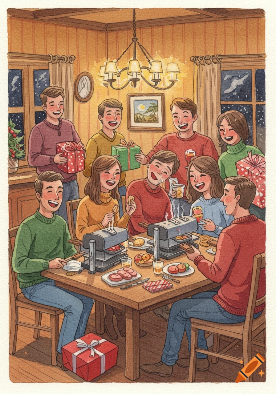 Watercolor illustration of a group of joyful people eating raclette and exchanging Christmas gifts in a cozy dining room.