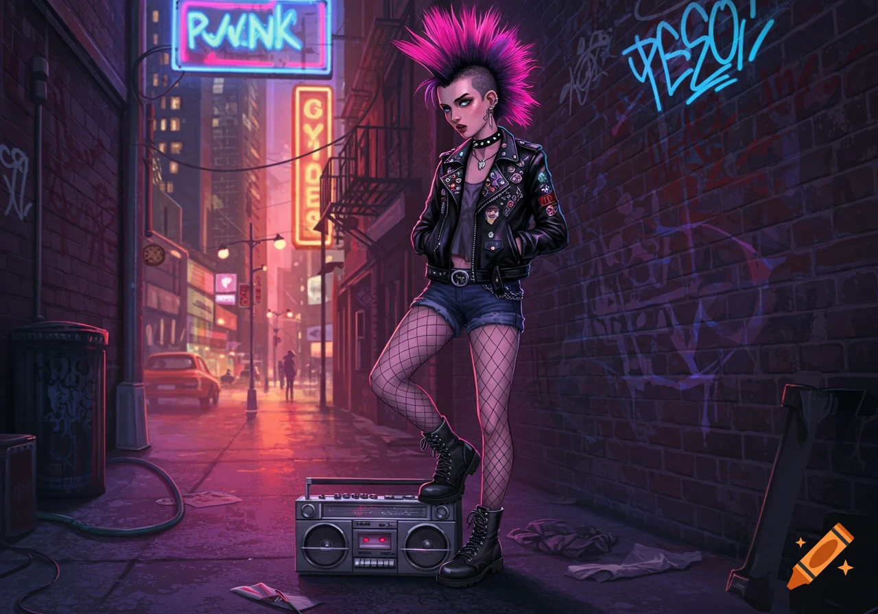A stylized digital art illustration of a punk woman with a bright pink mohawk standing on a boombox in a neon-lit city alley.