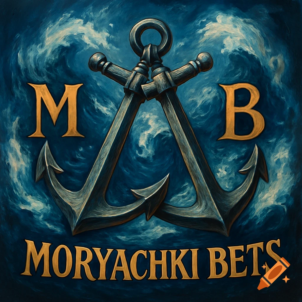 A painting of crossed anchors with the letters M and B, and text Moryachki Bets, against a stormy blue sea.