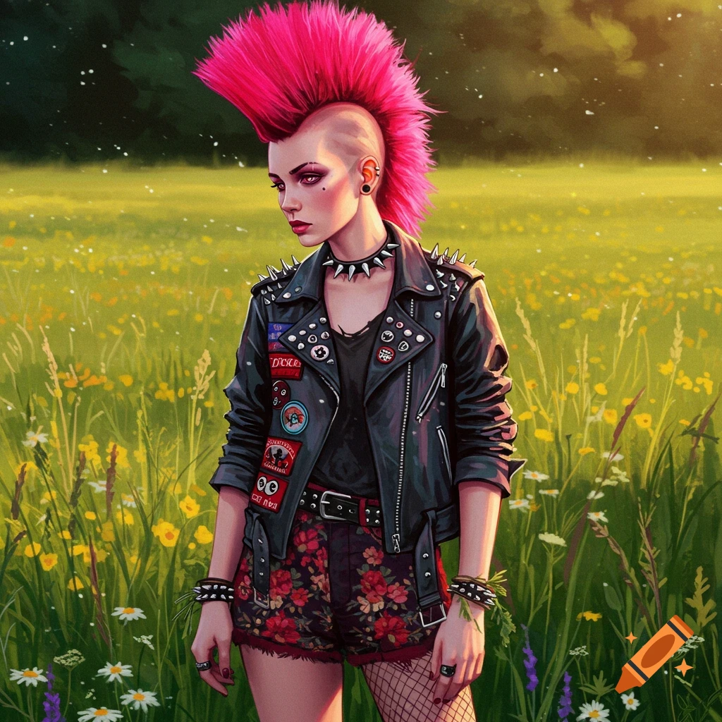A punk woman with a bright pink mohawk and studded leather jacket stands in a sunny field of wildflowers in an illustrative style.