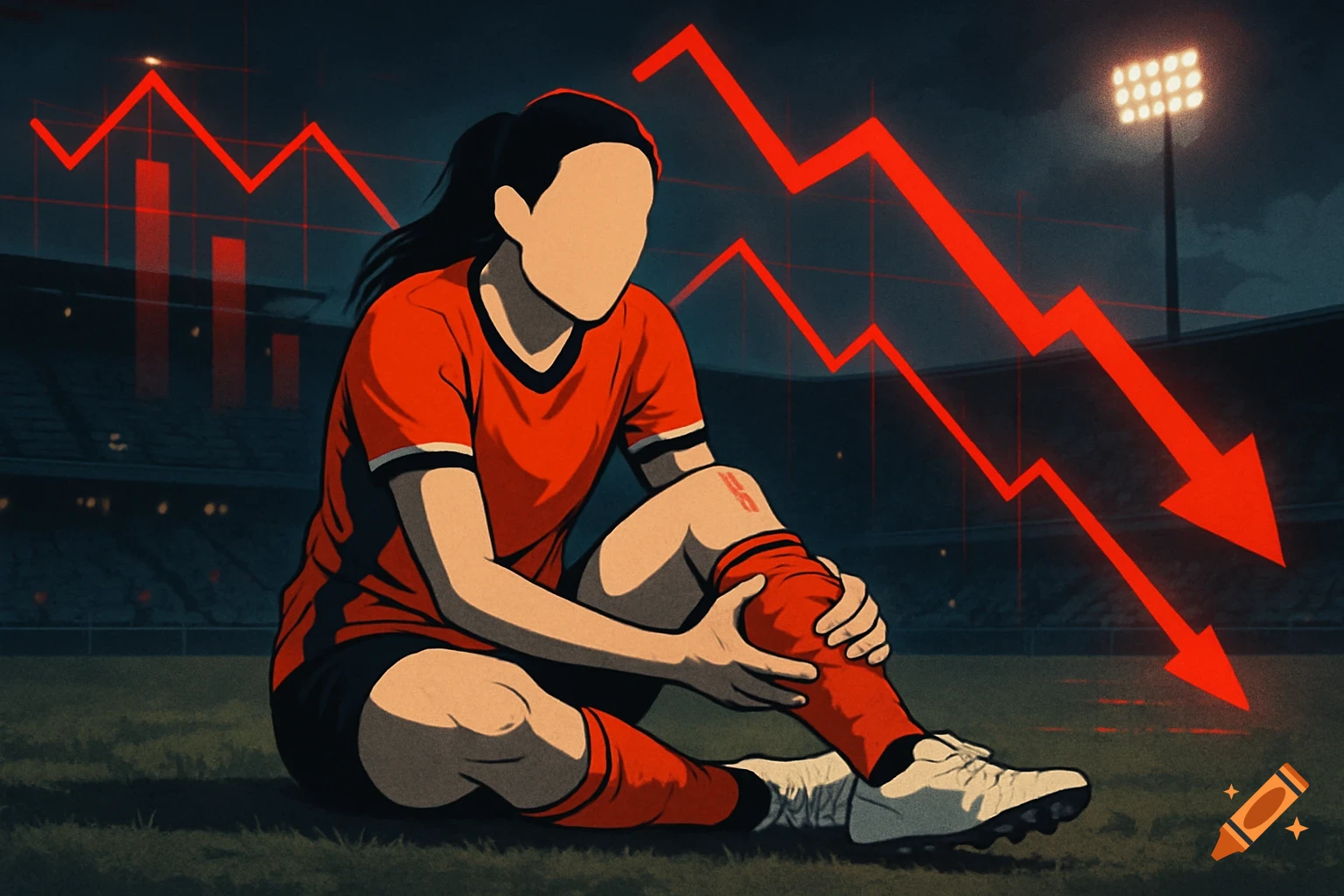 Illustrative image of a female soccer player in a red jersey, sitting on a stadium field with a red downward-trending graph in the background.