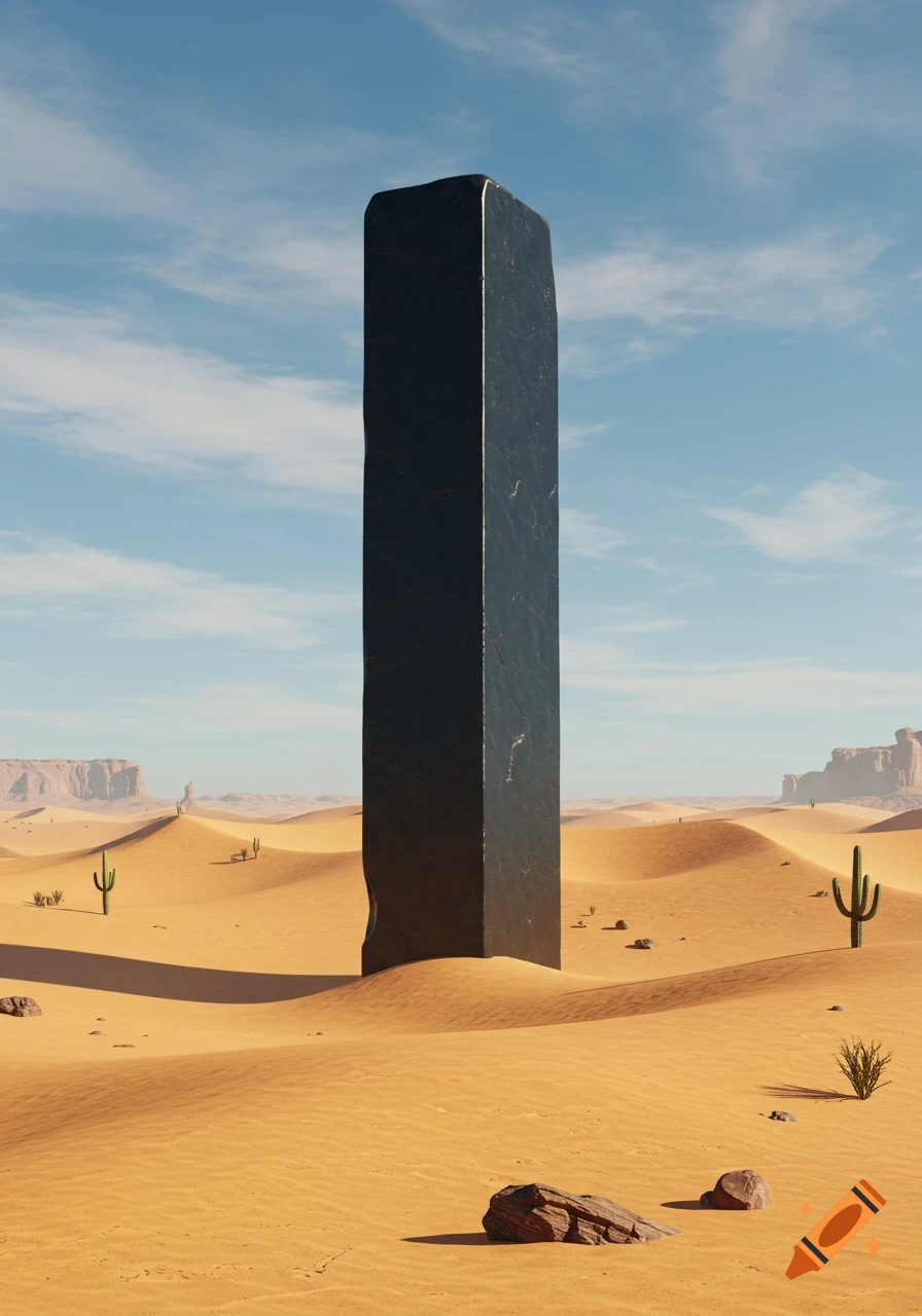 A tall, dark, rectangular monolith stands in a vast desert landscape with sand dunes, sparse vegetation, and a blue sky.