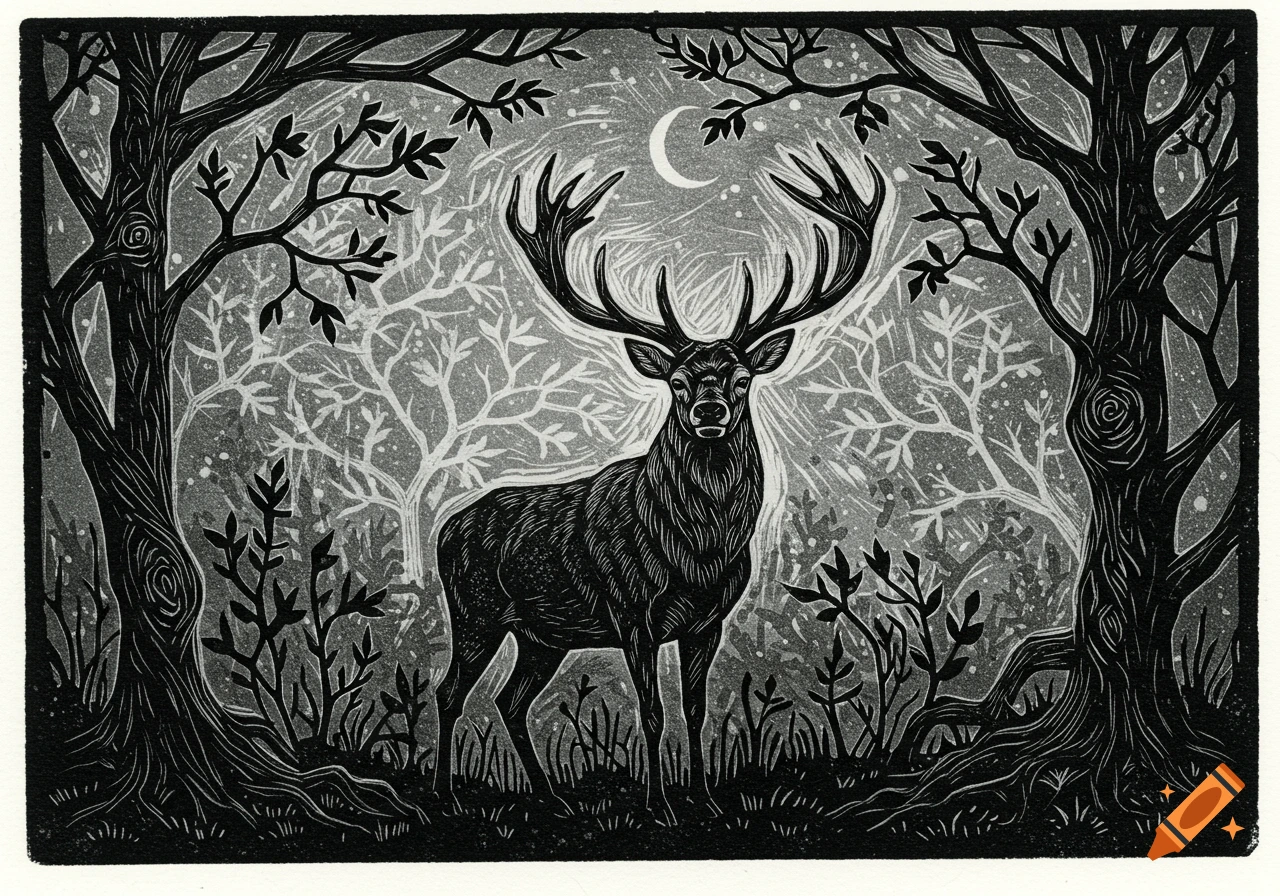 A majestic stag with large antlers stands in a moonlit forest, rendered in a striking black and white linocut style.