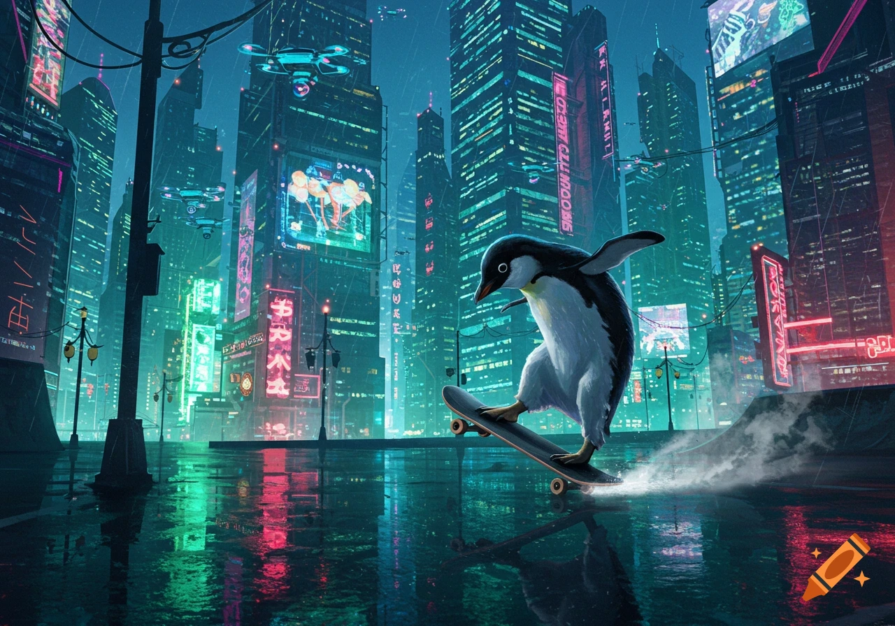 A penguin skateboards on a wet street in a vibrant cyberpunk city filled with neon lights and flying drones.