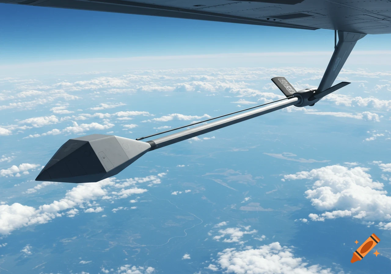 A long, gray, stealth-like refueling boom extends from an aircraft wing above a vast cloudscape.