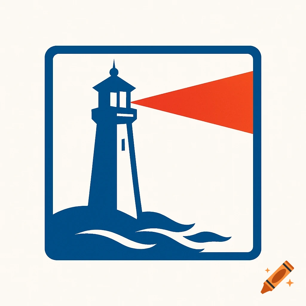 Minimalist vector logo of a blue lighthouse shining a red light over blue waves, contained within a square frame.