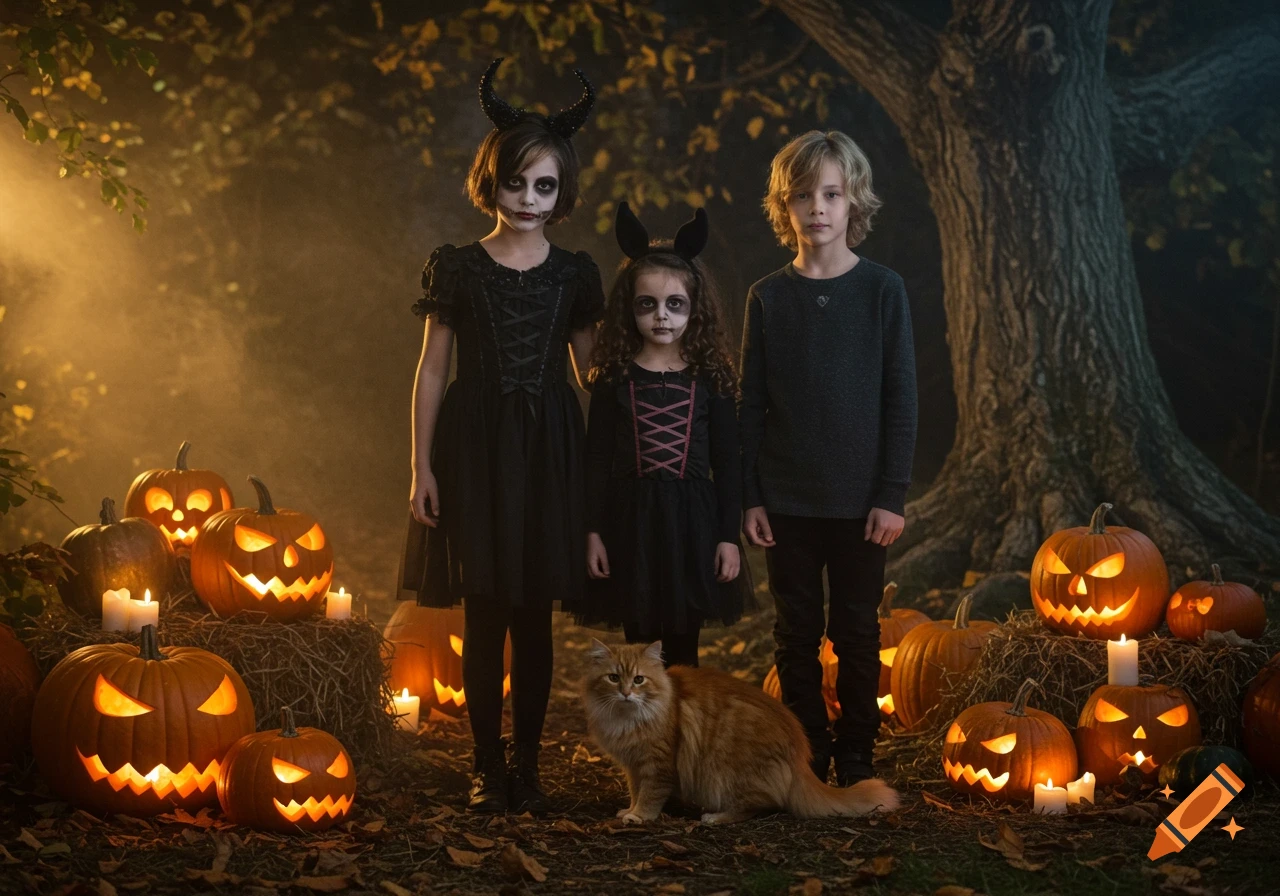 Three children in spooky Halloween costumes with a ginger cat, surrounded by carved pumpkins and candles in a foggy autumn forest at night.