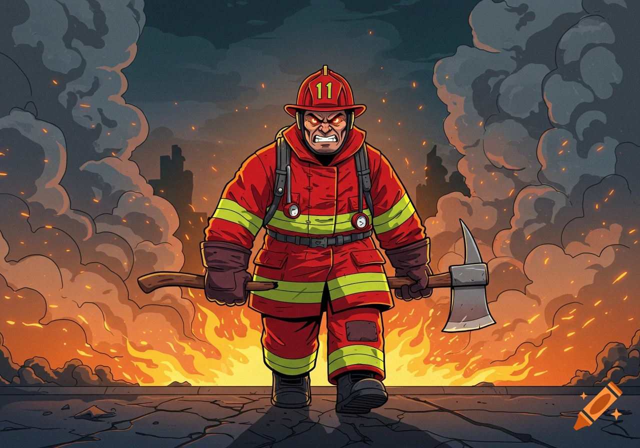 Angry cartoon firefighter in red gear, holding an axe, stands amidst raging fire and smoke.