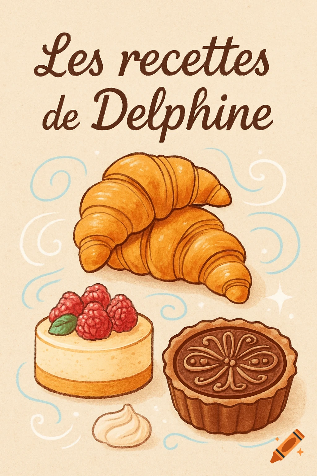 A whimsical illustration of a book cover titled "Les recettes de Delphine" above croissants, a raspberry cake, a chocolate tart, and meringue.