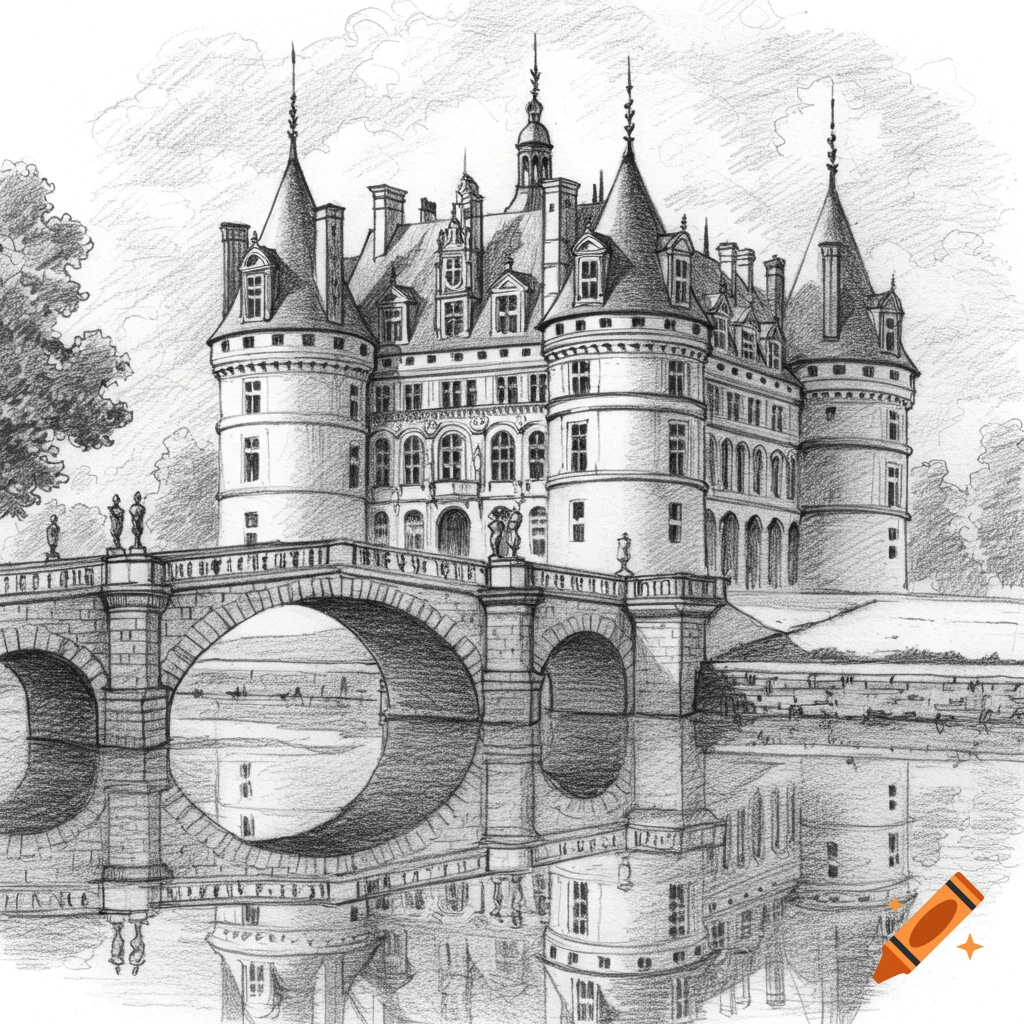 Detailed pencil drawing of an ornate castle with multiple turrets and a stone bridge over water, reflecting in the calm surface.