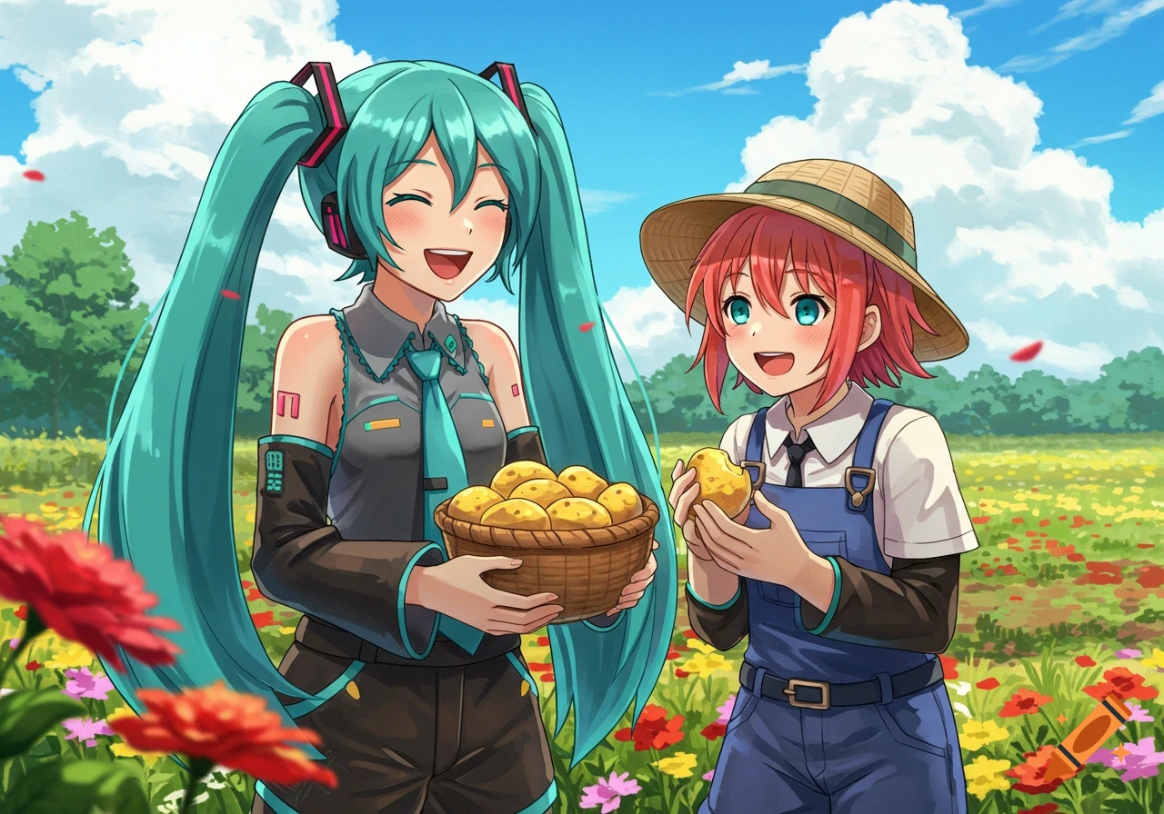 Hatsune Miku and another anime girl smiling while holding potatoes in a sunny flower field.