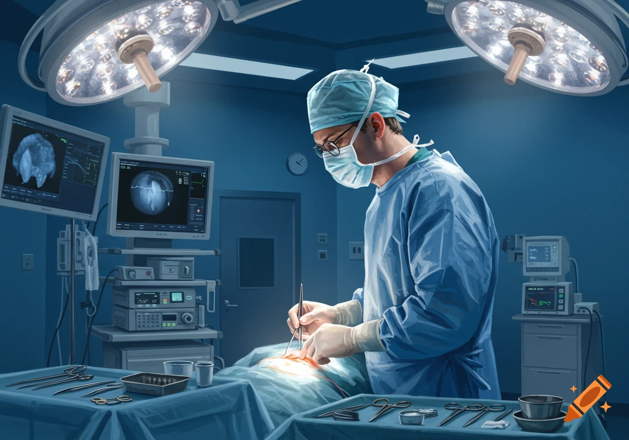 A surgeon in scrubs, mask, and glasses operates under bright lights in an operating room with monitors and surgical tools.
