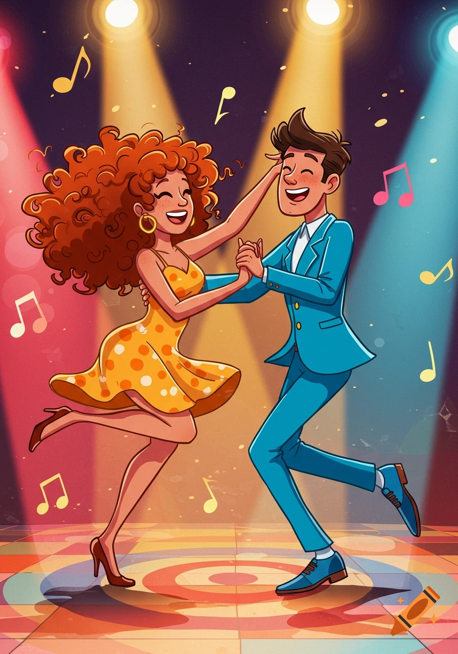 A happy cartoon couple dances joyfully under spotlights, surrounded by floating musical notes.