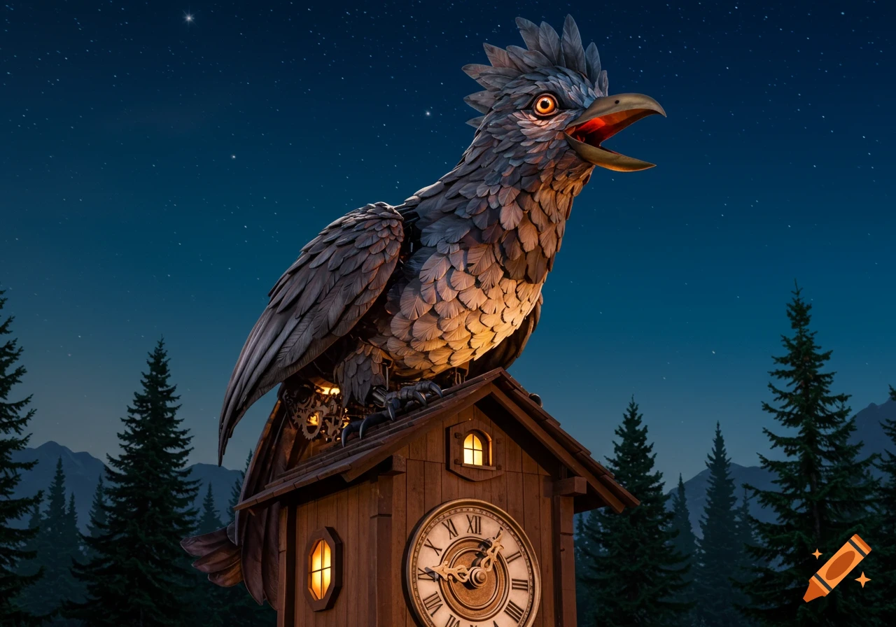 A gigantic animatronic cuckoo bird with glowing eyes sits atop a wooden cuckoo clock house at night, surrounded by pine trees under a starry sky.