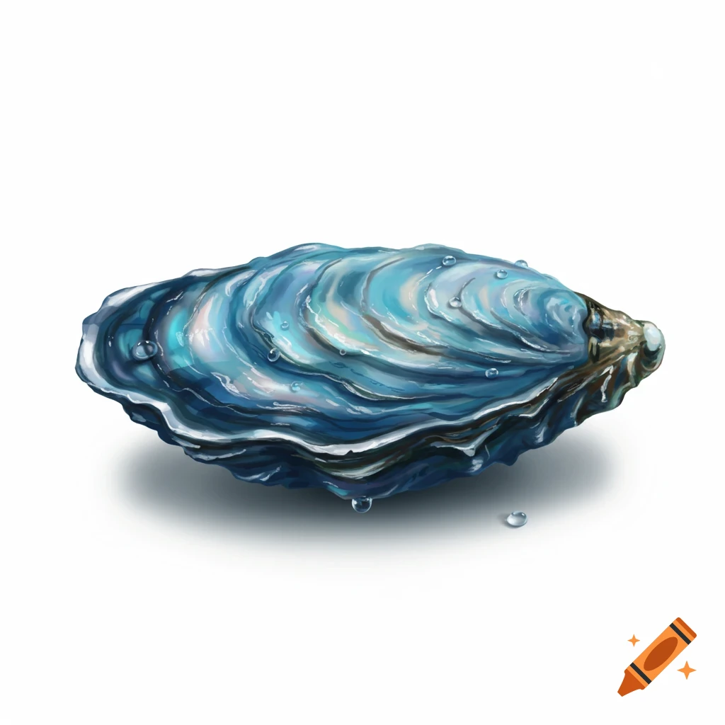 A vibrant blue oyster shell with water droplets, rendered in an illustrative style on a white background.