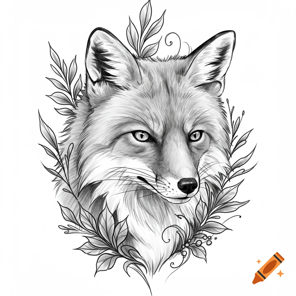 A black and white sketch of a fox's head surrounded by decorative leaves and swirls, in a tattoo design style.