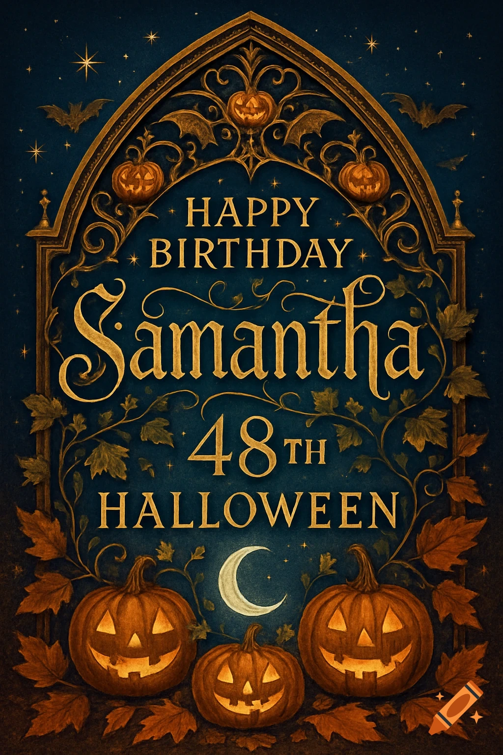An ornate Halloween birthday card for Samantha's 48th, featuring gold text, jack-o'-lanterns, bats, and autumn leaves on a dark blue background.