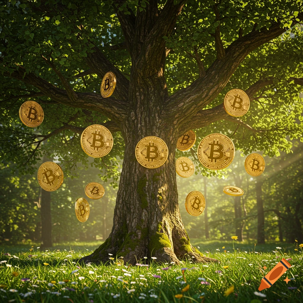 A photorealistic image of a large tree in a sun-dappled forest, with numerous golden Bitcoin coins hanging from its branches.