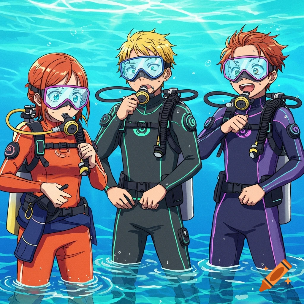 Three anime divers in full scuba gear, standing in clear blue water, holding their mouthpieces.