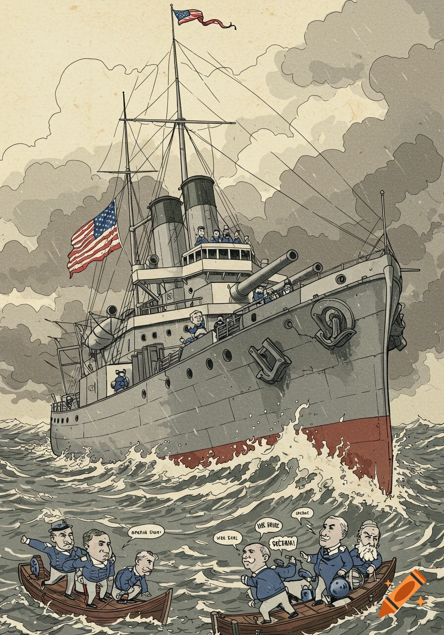 A retro-style political cartoon depicts the USS Maine battleship at sea, with men in two small boats in the foreground, speaking gibberish.