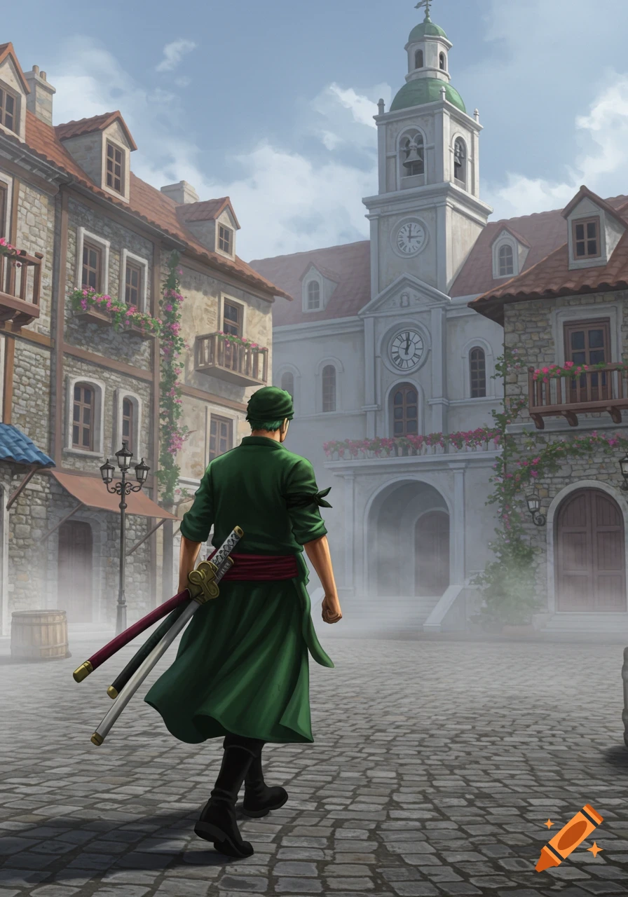 Roronoa Zoro, carrying three swords, walks away from the viewer through a misty town square with old European-style buildings and a clock tower.