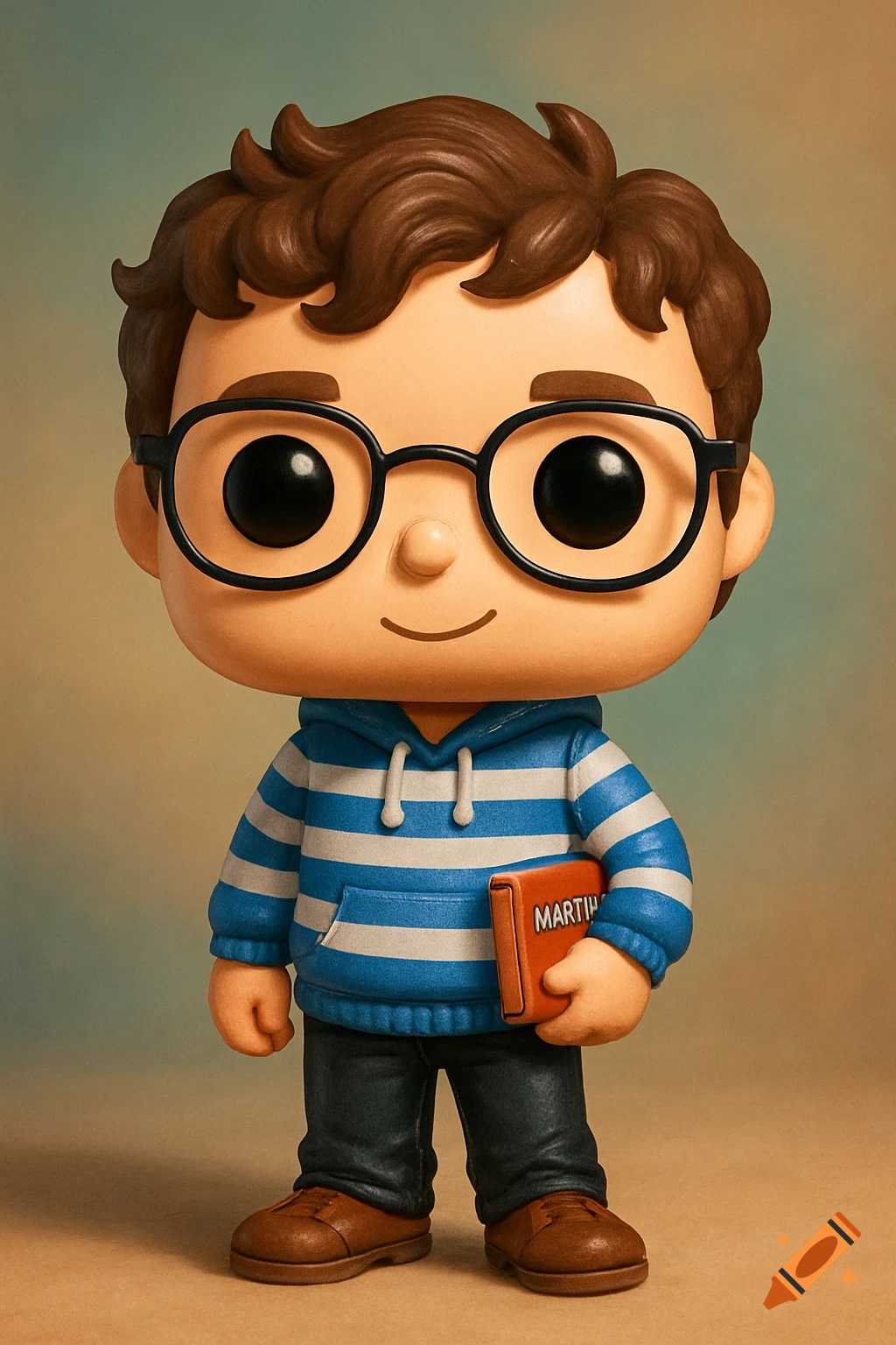 Funko Pop figure of a boy with brown hair and glasses, wearing a striped hoodie, holding an orange book with 'MARTIM' on it.