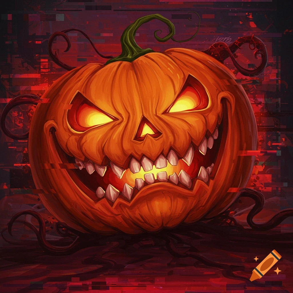 A scary, grinning Jack-o'-lantern with glowing yellow eyes and sharp white teeth, against a dark, glitchy red background.