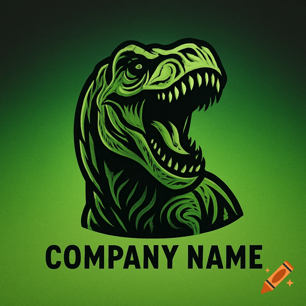 A green and black stylized T-Rex roaring logo with 'COMPANY NAME' text below it on a gradient green background.