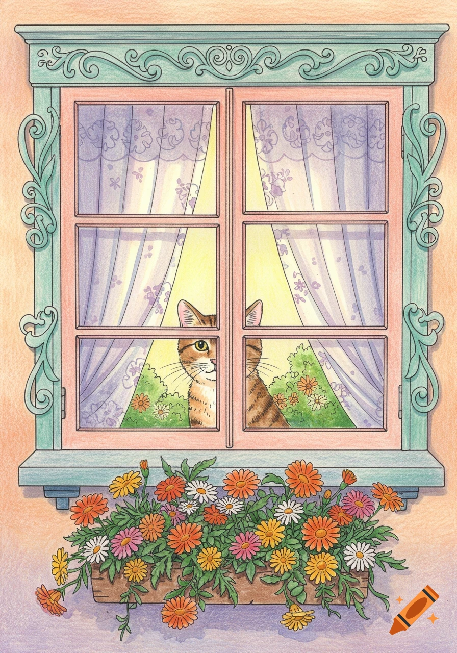 An illustration of a tabby cat looking out an ornate window with a flower box filled with colorful flowers.
