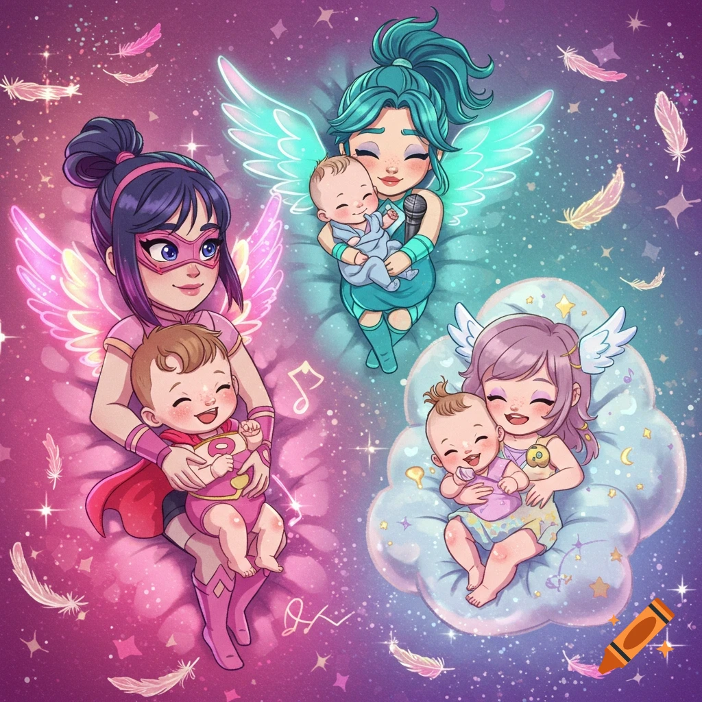 Three anime-style women with wings hold babies in a whimsical, starry background with floating feathers.