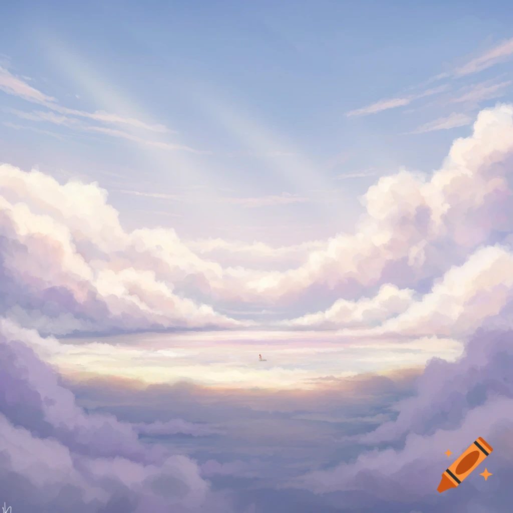 A dreamy digital painting of a vast cloudy sky with soft pastel colors, featuring a small distant figure.