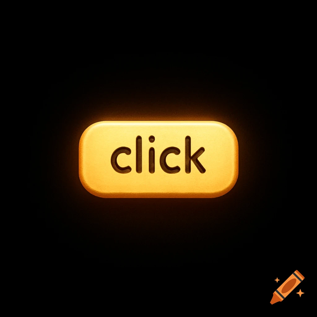 A glowing golden button with the word "click" on a pitch-black background.
