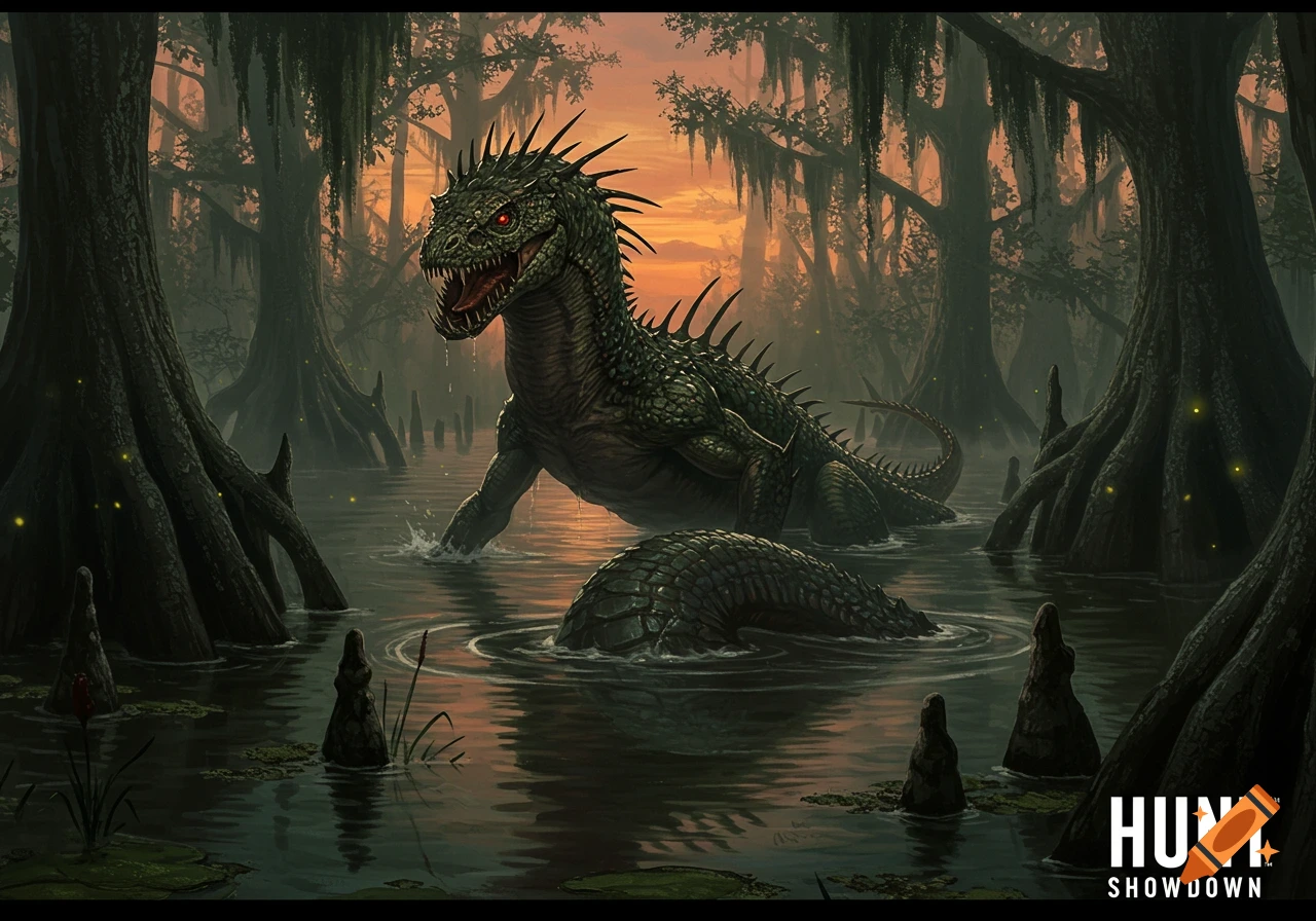 A fierce reptilian monster with red eyes emerges from a dark swamp with gnarled trees at sunset, in a fantasy art style.