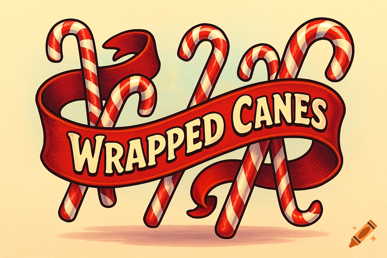 Cartoon illustration of multiple red and white striped candy canes behind a red ribbon banner with 'WRAPPED CANES' in yellow text.