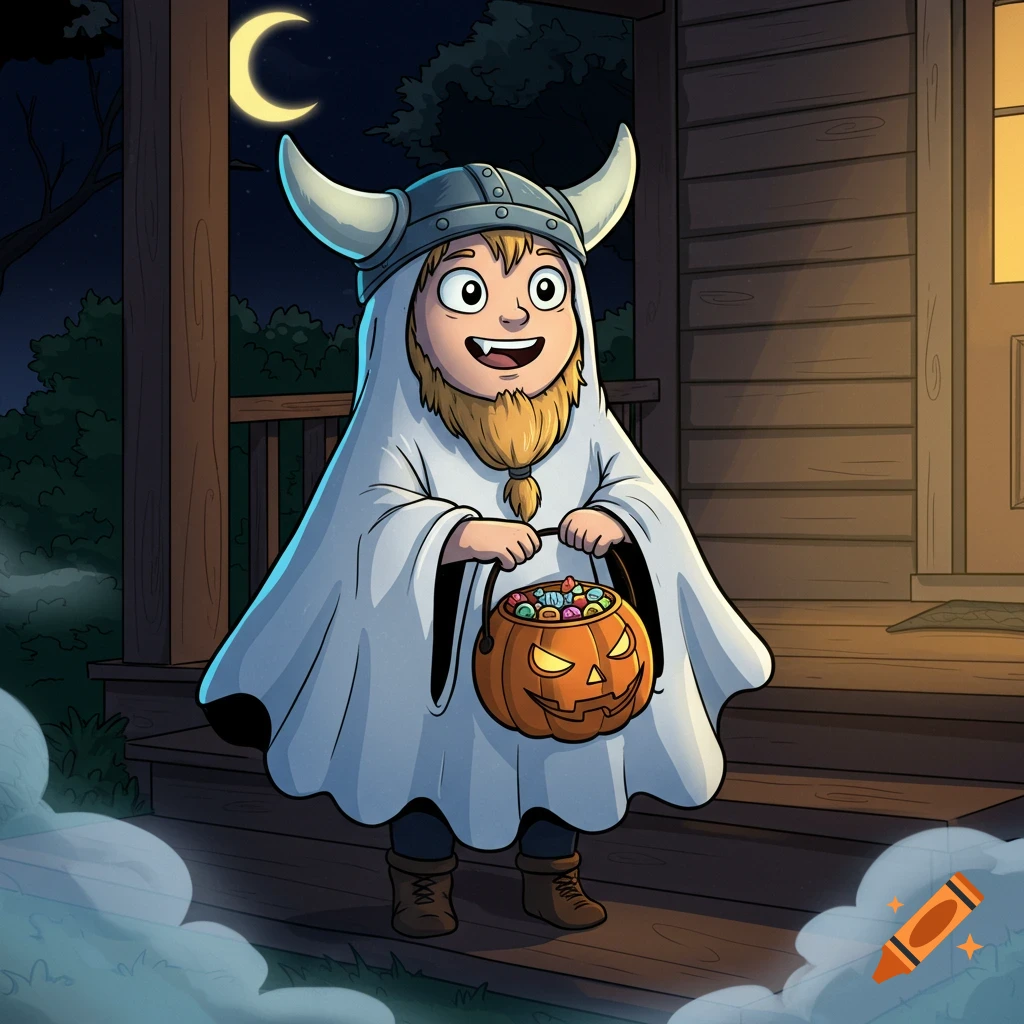 A cartoon child in a ghost costume and Viking helmet trick-or-treating on a porch at night, holding a pumpkin pail full of candy.