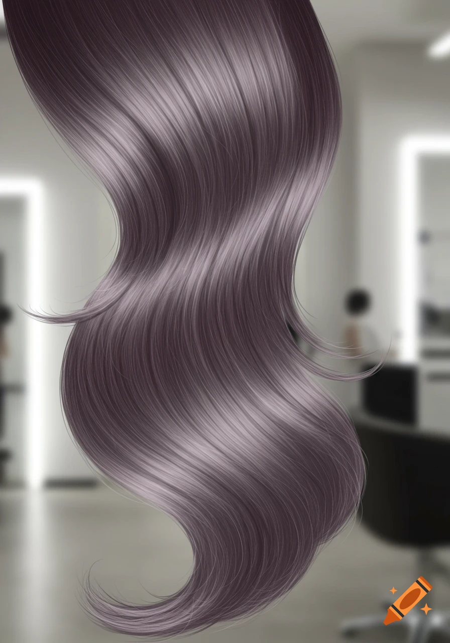 A long, wavy strand of shiny, purple-grey hair flows vertically against a softly blurred, bright background.