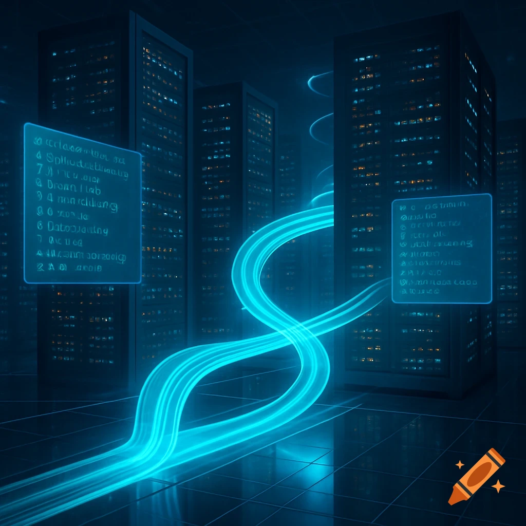 Futuristic data center with glowing blue data lines connecting servers, displaying garbled blue text on floating screens.