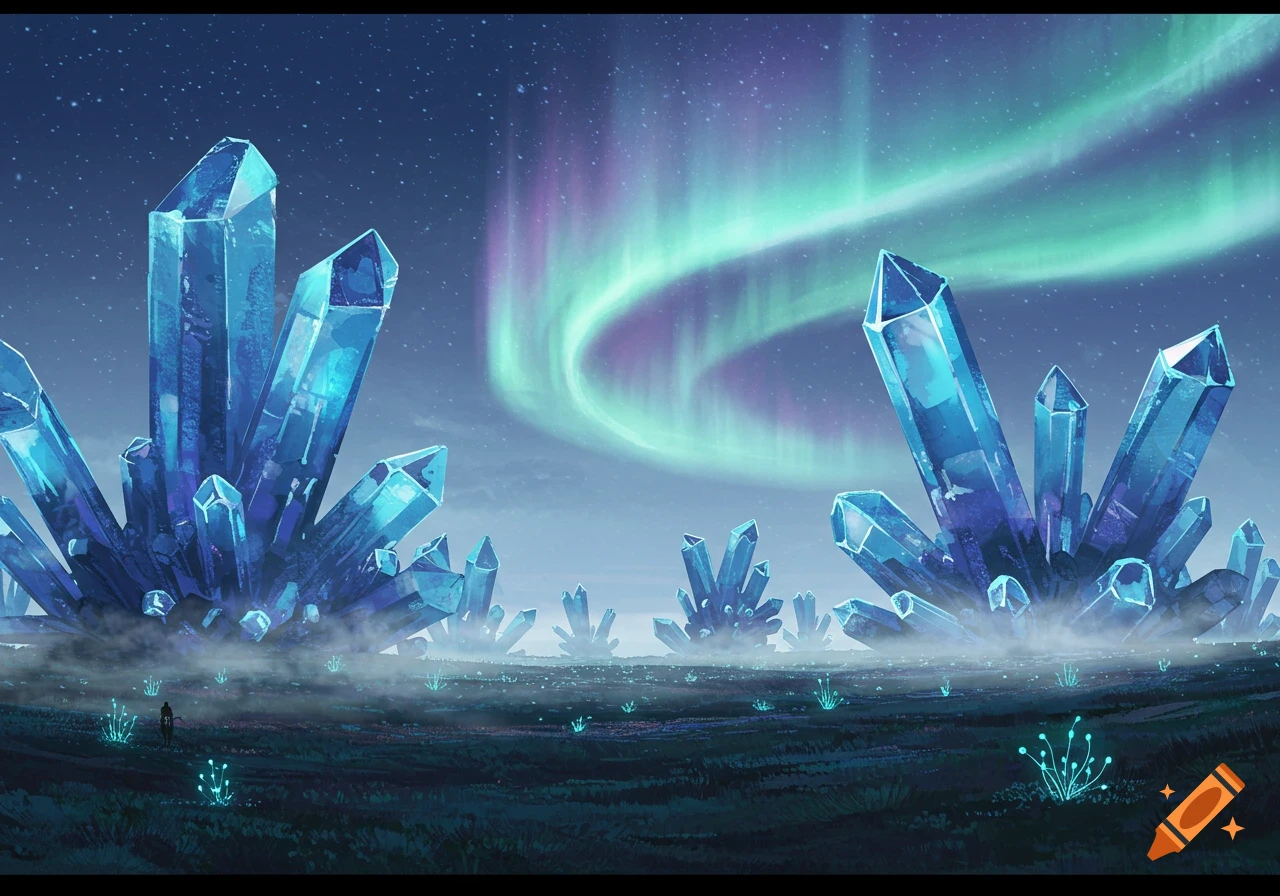 A fantasy landscape with giant blue crystals, glowing plants, and a small person under a green and purple aurora.