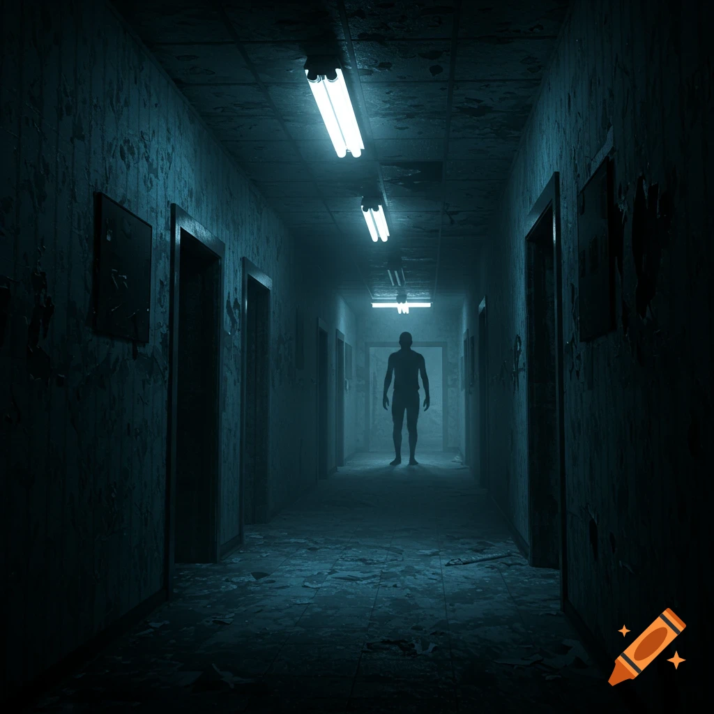 A shadowy figure stands at the end of a long, dimly lit, dilapidated hallway with fluorescent lights.