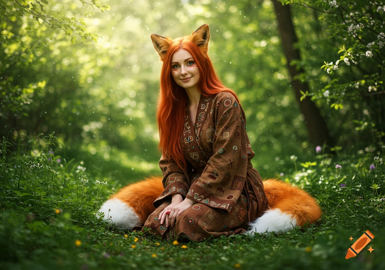 A photorealistic red-haired fox-girl with a tail and ears kneels smiling in a sunlit forest among flowers.