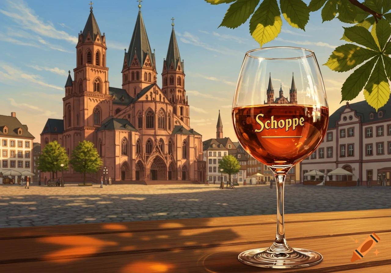 A wine glass with the word "Schoppe" on it, filled with amber liquid, sits on a wooden table. In the background, a large, ornate European cathedral dominates a sunny town square, with green leaves framing the top right.