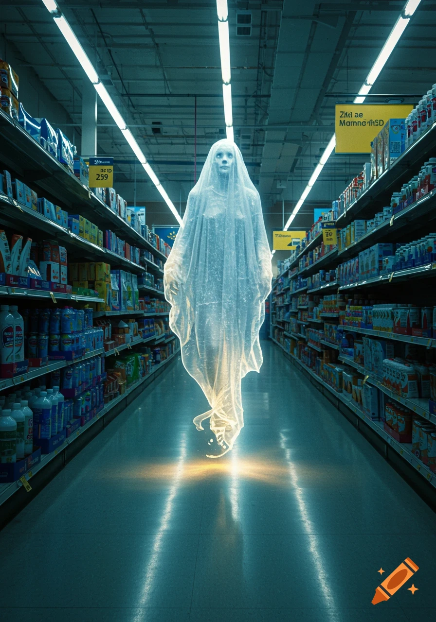 A transparent, glowing ghost with a veiled head hovers down a dark supermarket aisle, illuminated by fluorescent lights and its own golden aura.