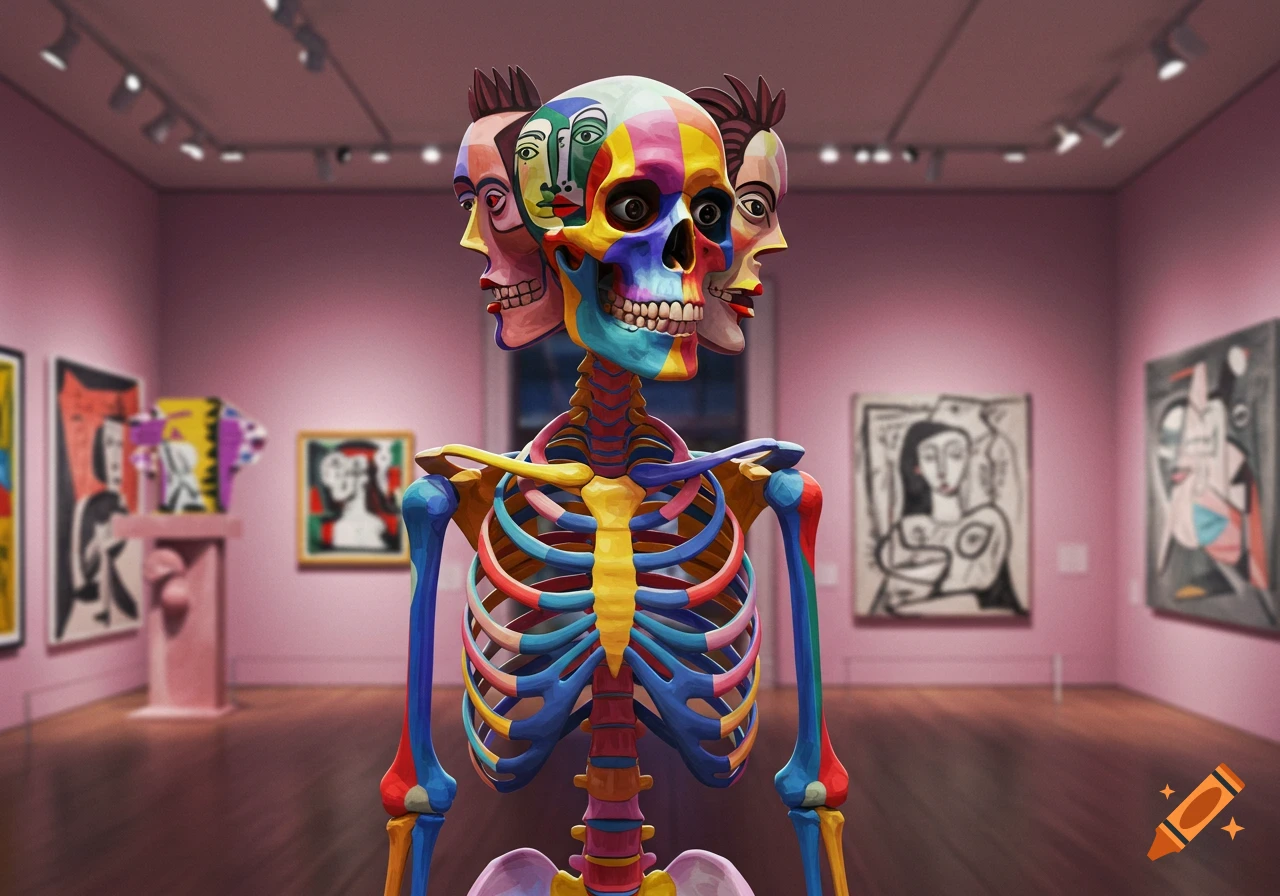 A colorful, cubist-style skeleton with multiple faces stands in an art gallery, surrounded by paintings.