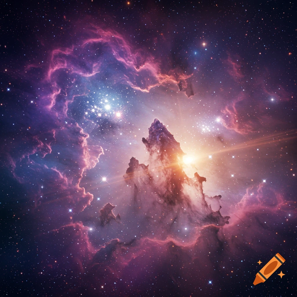Vibrant cosmic nebula with pink and purple clouds, bright stars, and towering gas pillars illuminated by a central light.