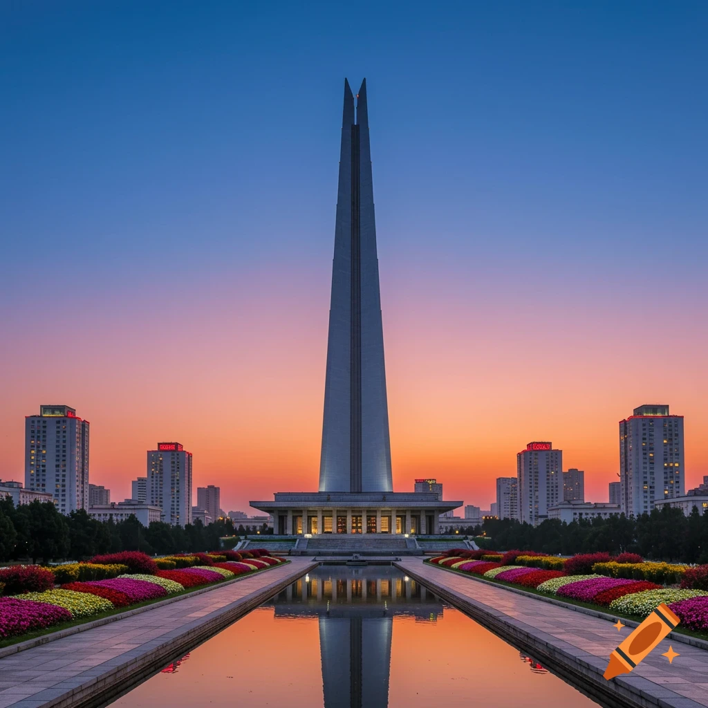 A grand, tapering monument rises between modern buildings, with colorful flowerbeds and a reflecting pool under a vibrant sunset.