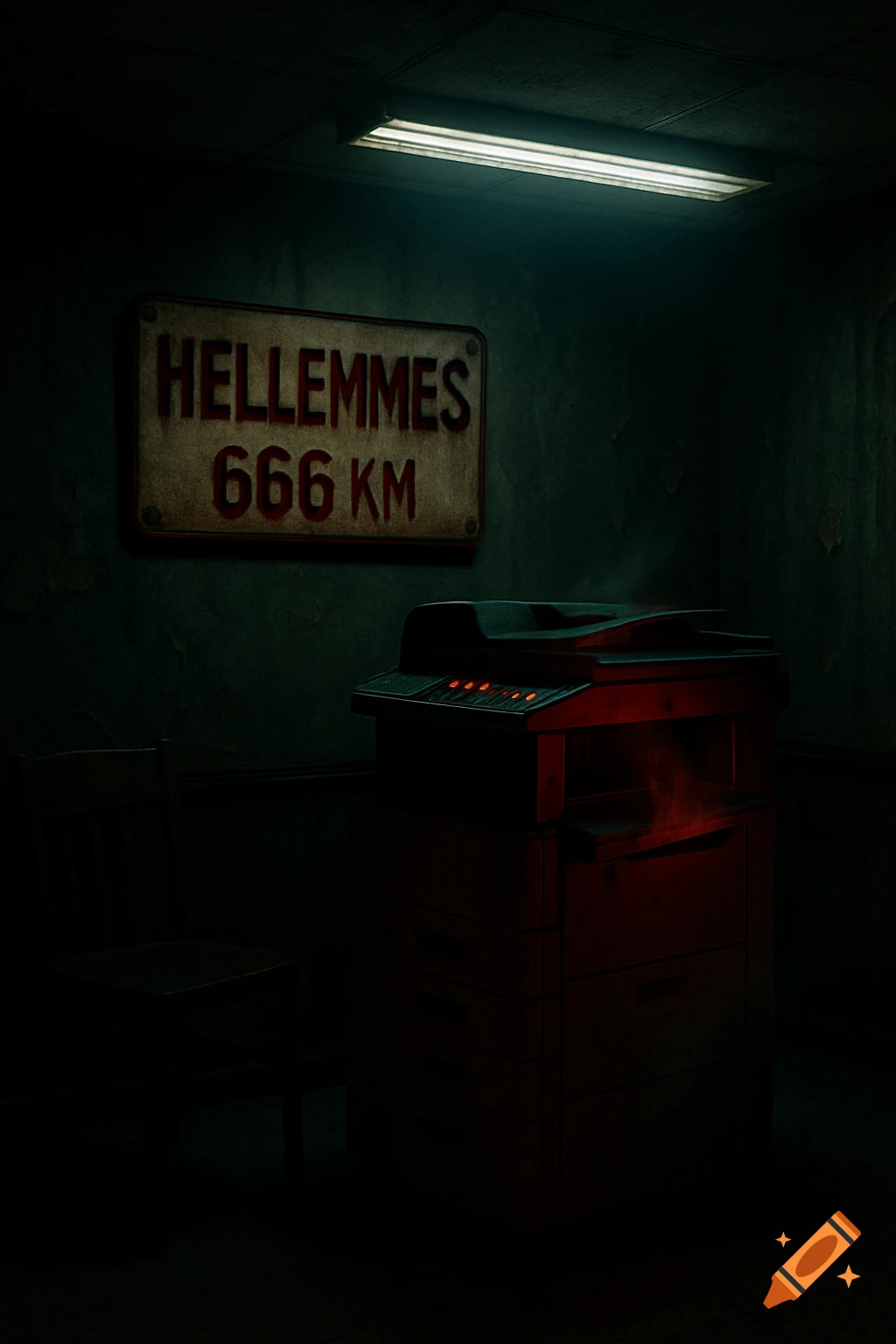 A dark, moody image of a possessed photocopier glowing red in a grim office, with a sign reading 'HELLEMMES 666 KM' on the wall.