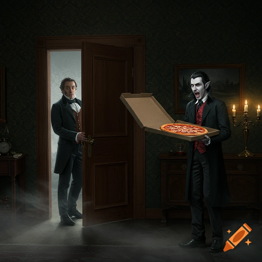 A Victorian man looks surprised as he opens a door to a vampire delivering a pizza in a dimly lit, atmospheric room.