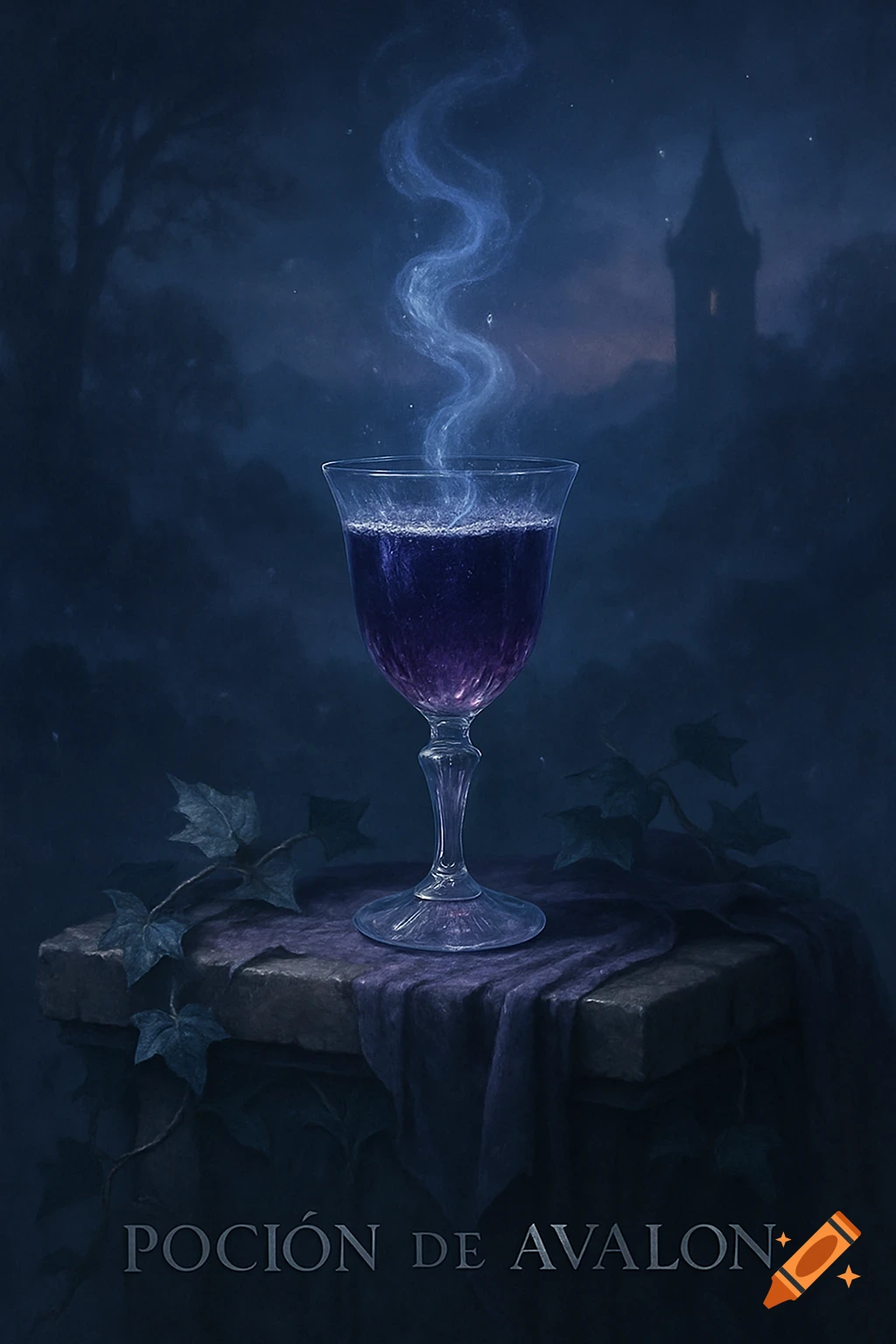 Glowing purple potion in a crystal goblet on a stone pedestal with ivy, against a dark mystical background with a distant castle and trees. Text reads 'POCIÓN DE AVALON'.