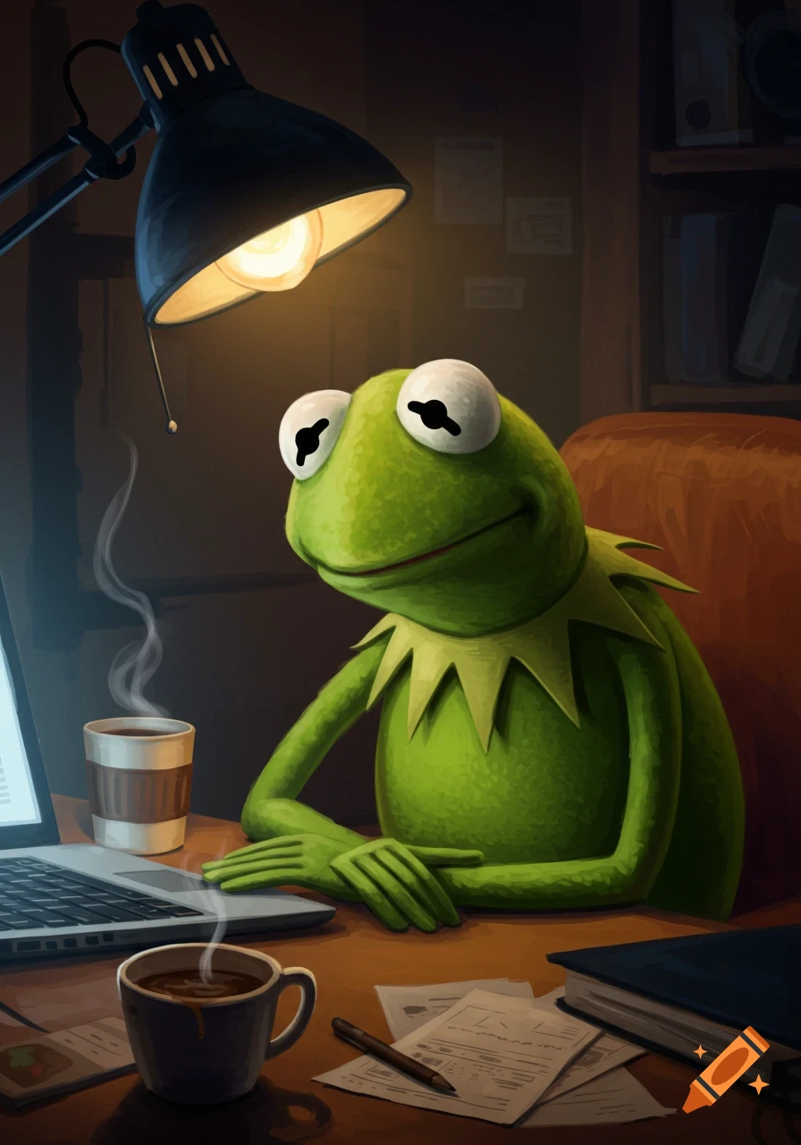 Sleep-deprived Kermit the Frog sits at a desk under a lamp, working on a laptop with two steaming cups of coffee.